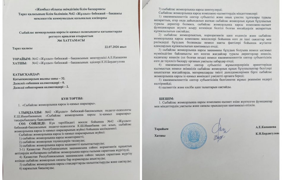 Сыбайлас жемқорлыққа қарсы іс-қимыл саласындағы қатынастарды реттеуге арналған отырыстың №6 ХАТТАМАСЫ