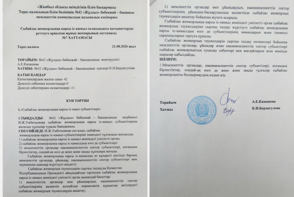 Сыбайлас жемқорлыққа қарсы іс-қимыл саласындағы қатынастарды реттеуге арналған жұмыс жоспарының №7 ХАТТАМАСЫ